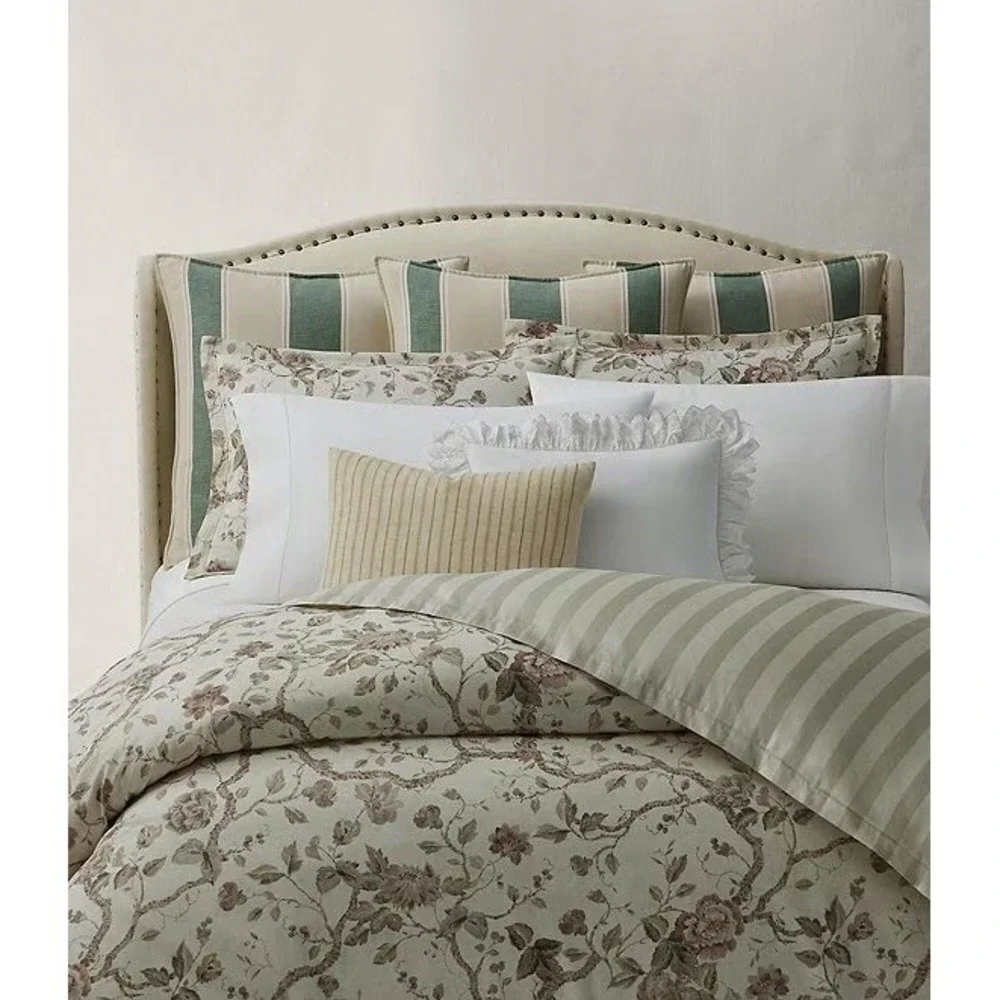 Ralph Lauren Elsie Reversible Jacobean Floral Striped King Duvet Cover $430 NWOT